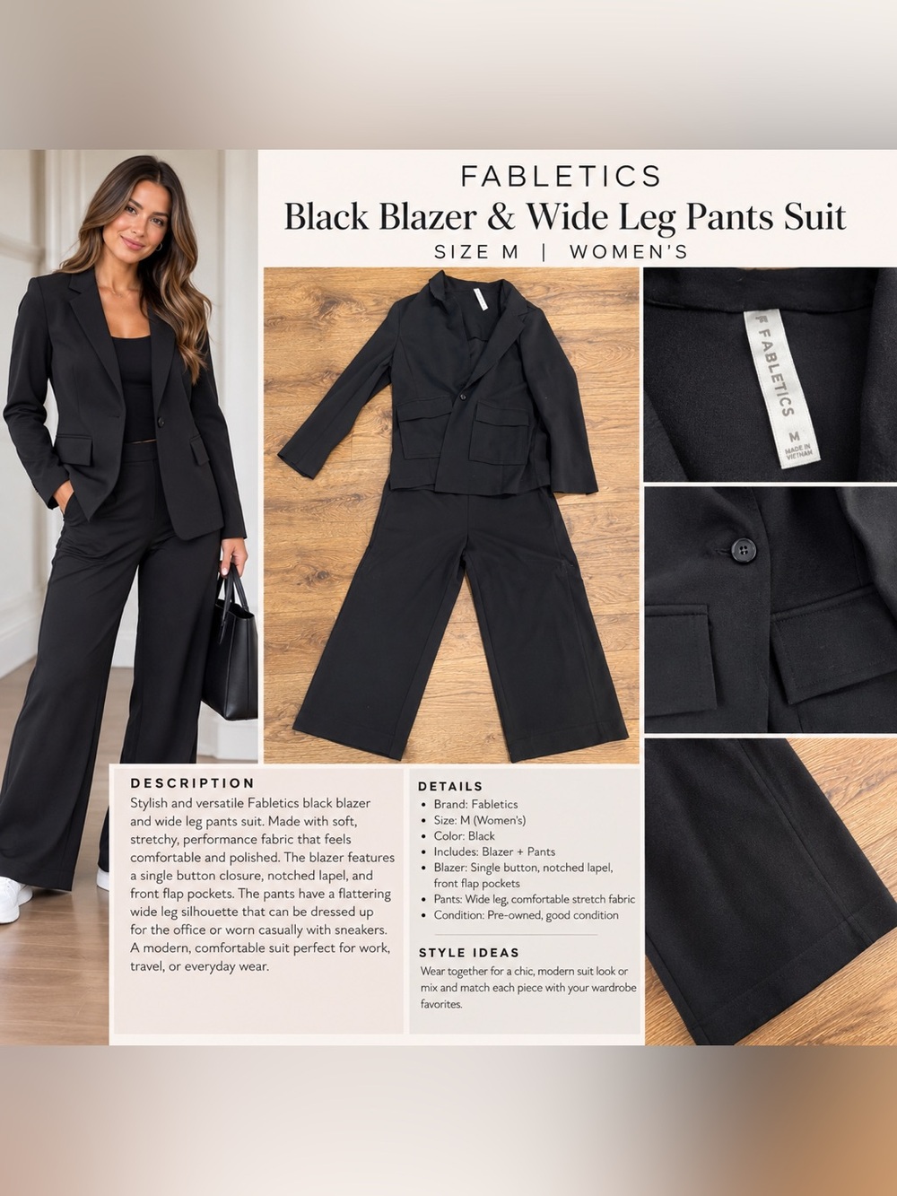 Fabletics Black Blazer & Wide Leg Pants 2-Piece Suit Set Size M